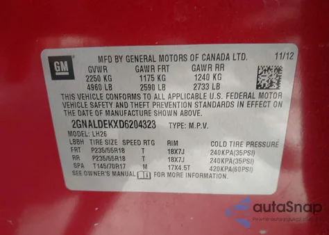 2013 Chevrolet Equinox 1Lt из США, поврежденный, VIN 2GNALDEKXD6204323